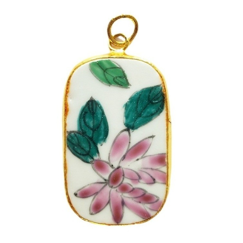 Vintage‎ Hand Painted Floral Pottery Shard Pendant Gold Tone Pink Flower Jewelry